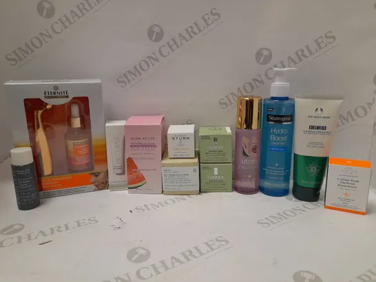 LOT OF APPROX 12 ASSORTED SKINCARE PRODUCTS TO INCLUDE EVELOM CREAM CLEANSER, CLINIQUE MOISTURE SURGE HYDRATION CREAM, GLOW RECIPE DEW DROPS, ETC