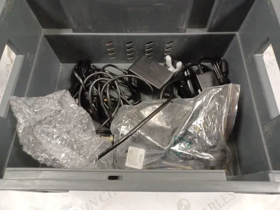 BOX TO CONTAIN APPROX. 12 X ASSORTED TECH PRODUCTS. INCLUDES CABLES, REMOTES, DVD PLAYER ETC