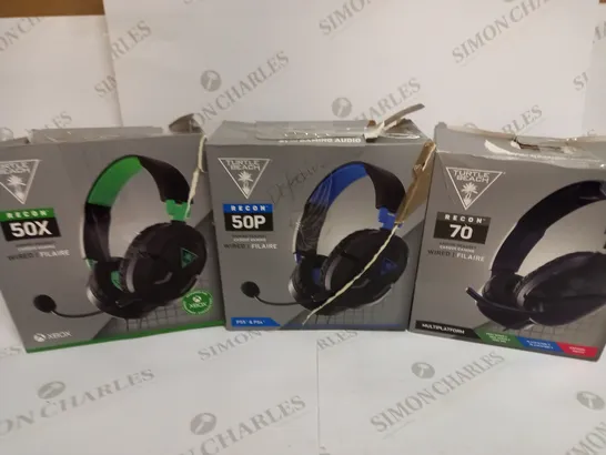 BOX OF 3 TURTLE BEACH WIRED GAMING HEADSETS INCLUDING RECON 70 (MULTIPLATFORM), RECON 50P (PS4/PS5) AND RECON 50X (XBOX)