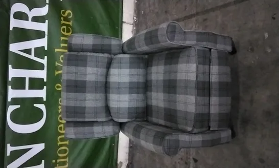 QUALITY DESIGNER LIGHT/DARK GREY TARTAN FABRIC PUSHBACK RECLINER ARMCHAIR 