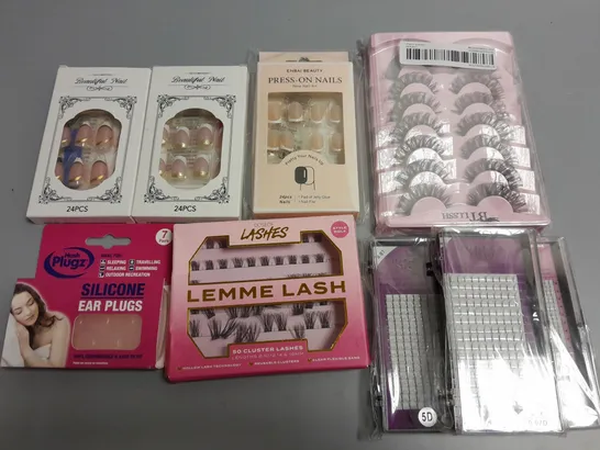 LOT OF 9 ASSORTED BEAUTY ITEMS TO INCLUDE EYELASHES, NAILS AND EAR PLUGS