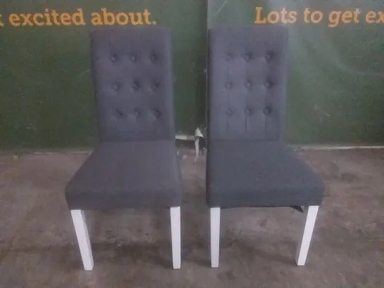 SET OF 2 DESIGNER REGENT SLATE FABRIC BUTTON BACKED DINING CHAIRS WHITE LEGS