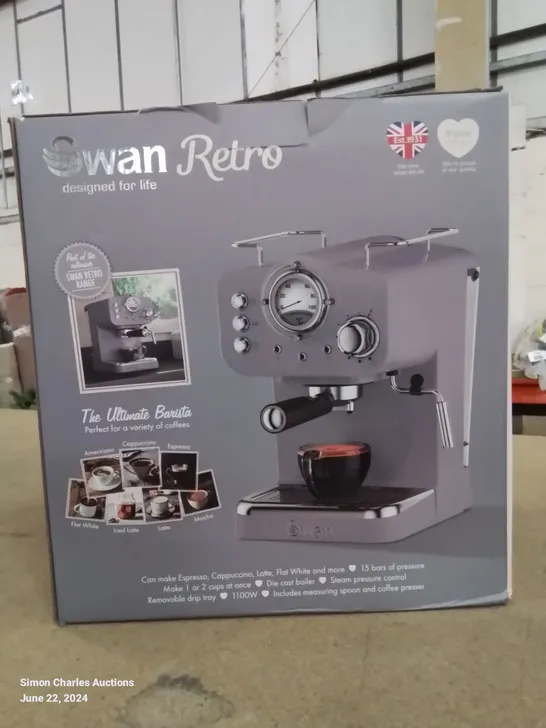 BRAND NEW BOXED SWAN RETRO STYLE ESPRESSO COFFEE MACHINE IN GREY