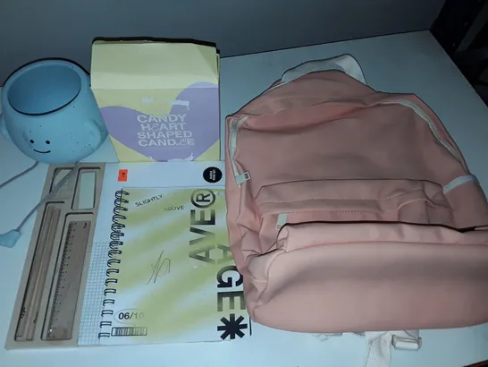 LOT OF 5 ASSORTED ITEMS TO INCLUDE PU BACKPACK AND NOTEBOOK