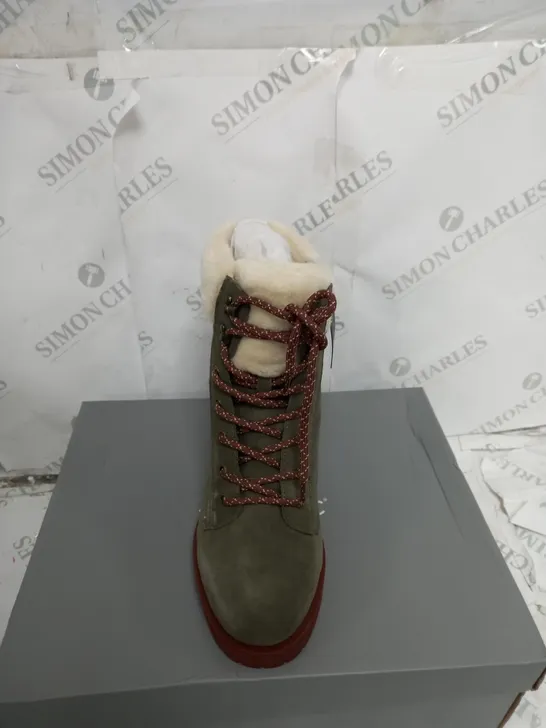 BOXED PAIR OF VIONIC ZOE HIKER OLIVE ANKLE BOOTS - SIZE 7