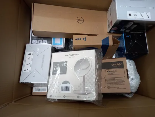 LARGE BOX OF ASSORTED ELECTRICAL ITEMS TOO INCLUDE ANSWERING MACHINES , MIRRORS , RIBBON PRINTERS , ETC