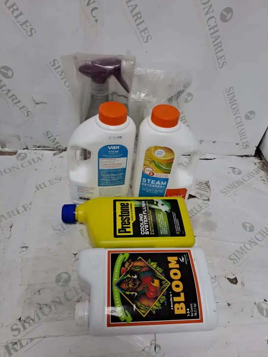 GROUP OF ASSORTED CLEANING ITEMS TOO INCLUDE CHAIN OIL , DETERGENT , LIMESCALE REMOVER , ETC 