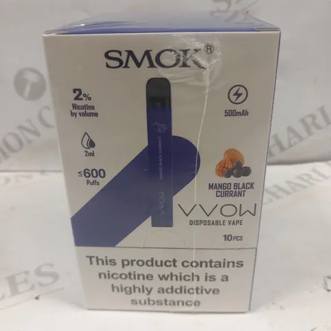 BRAND NEW BOXED AND SEALED SMOK VVOW DISPOSABLE VAPES 10 PIECES MANGO BLACKCURRANT