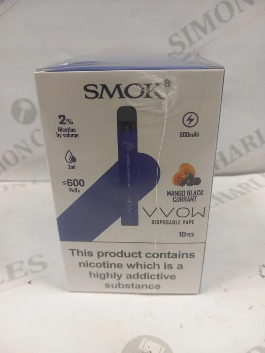 BRAND NEW BOXED AND SEALED SMOK VVOW DISPOSABLE VAPES 10 PIECES MANGO BLACKCURRANT