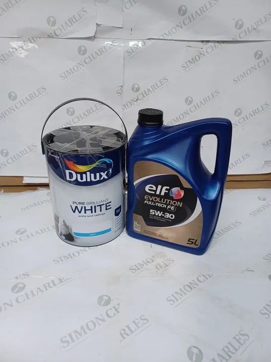 LOT OF 2 ITEMS TO INCLUDE DULUX PURE BRILLIANT MATT WHITE PAINT - 5L, ELF EVOLUTION FULL-TECH FE 5W-30 - 5L 