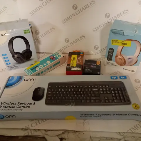 BOX OF APPROX 20 ASSORTED ITEMS INCLUDING ASDATECH 1.5M MICRO USB-A CABLE, WIRED HEADPHONES AND SELFIE STICK