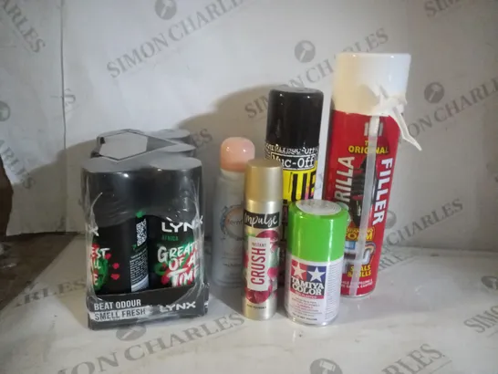 BOX OF APPROX 20 ASSORTED AEROSOLS INCLUDING LYNX AFRICA, GORILLA FILLER EXPANDING FOAM AND MUC-OFF GLUE SEALANT REMOVER - COLLECTION ONLY