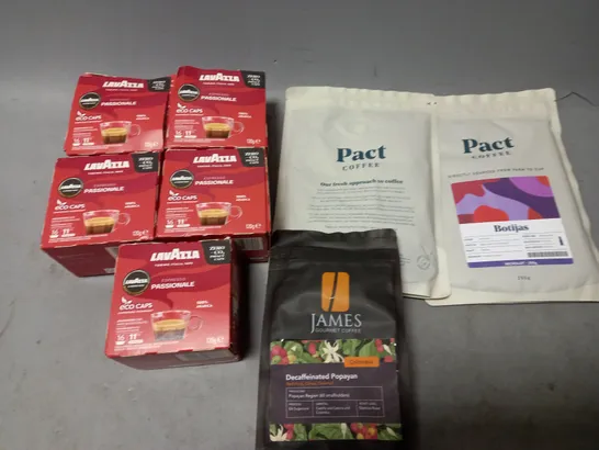 LOT OF APPROXMATELY 6 ITEMS TO INCLUDE  - LAVAZZA ESPRESSO PASSIONABLE, JAMES GOURMET DECAFFEINATED POPAYAN, AND PACT COFFEE BOTIJAS ETC. 