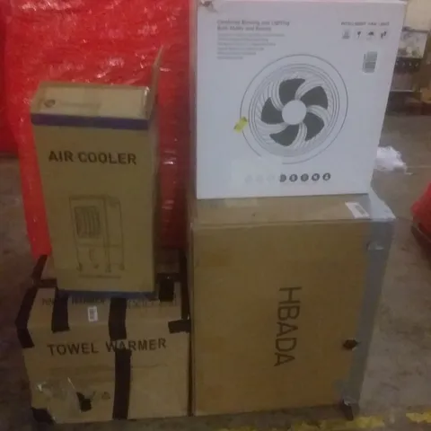 PALLET OF ASSORTED ITEMS INCLUDING AIR COOLER, INTELLIGENT FAN LIGHT, TOWEL WARMER