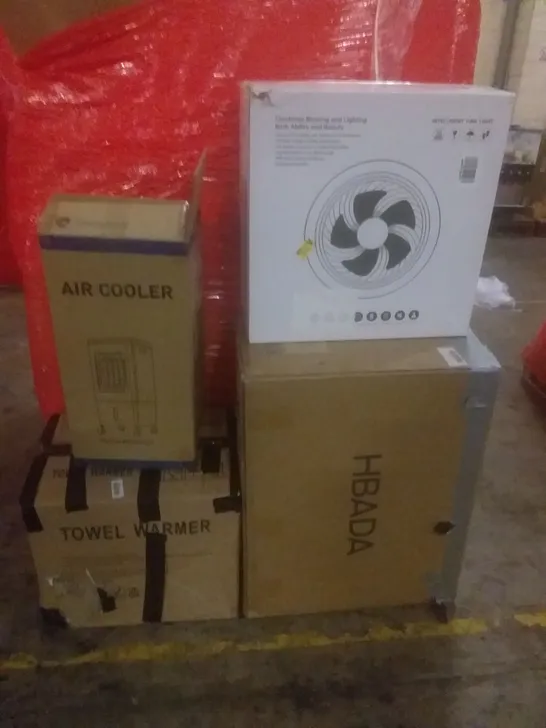 PALLET OF ASSORTED ITEMS INCLUDING AIR COOLER, INTELLIGENT FAN LIGHT, TOWEL WARMER