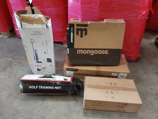 PALLET OF ASSORTED CONSUMER PRODUCTS TO INCLUDE; CORDLESS VACUUM CLEANER, GOLF TRAINING NET, LED CEILING FAN, MONGOOSE SCOOTER, INFLATABLE PADDLE BOARD ECT