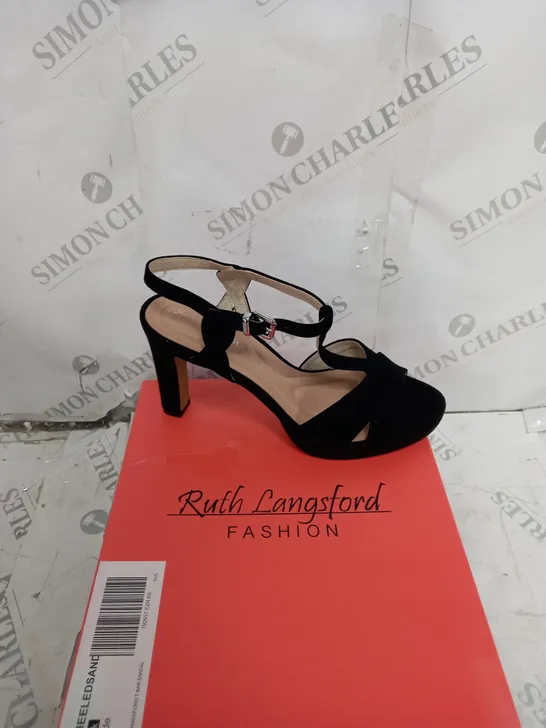 BOXED PAIR OF RUTH LANGSFORD HEELED SANDALS BLACK SUEDE SIZE 6