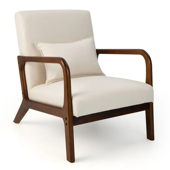 BOXED COSTWAY MODERN ACCENT CHAIR WITH LUMBAR PILLOW AND RUBBER WOOD FRAME - BEIGE