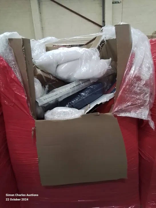 MIXED PALLET CONTAINING VARIOUS BOXED HOUSEHOLD ITEMS TO INCLUDE, THROWS, PILLOWS, BASKET BALL HOOP AND LOTS MORE MIXED ITEMS