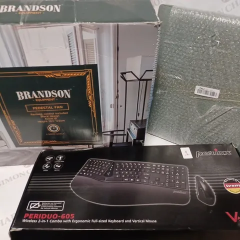 BOX OF APPROXIMATELY 15 ASSORTED HOUSEHOLD ITEMS TO CONTAIN BRANSON PEDESTAL FAN , PERIXX PERIDUO 605 WIRELESS KEYBOARD & MOUSE ETC 