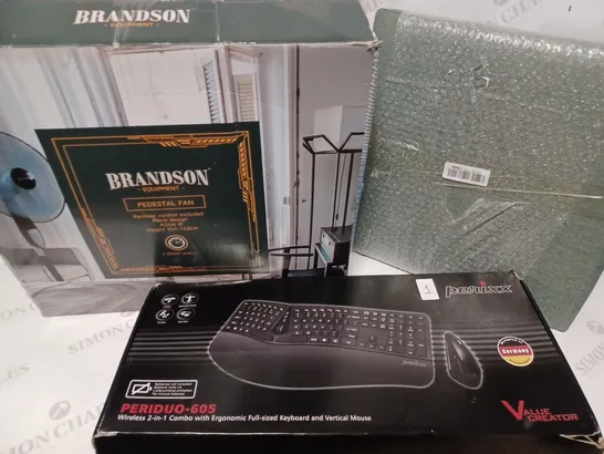 BOX OF APPROXIMATELY 15 ASSORTED HOUSEHOLD ITEMS TO CONTAIN BRANSON PEDESTAL FAN , PERIXX PERIDUO 605 WIRELESS KEYBOARD & MOUSE ETC 