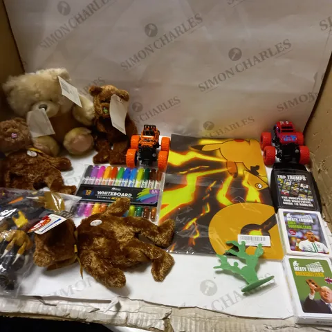 LARGE BOX OF ASSORTED TOYS AND GAMES TO INCLUDE TEDDIES, TOY CARS AND CARD GAMES