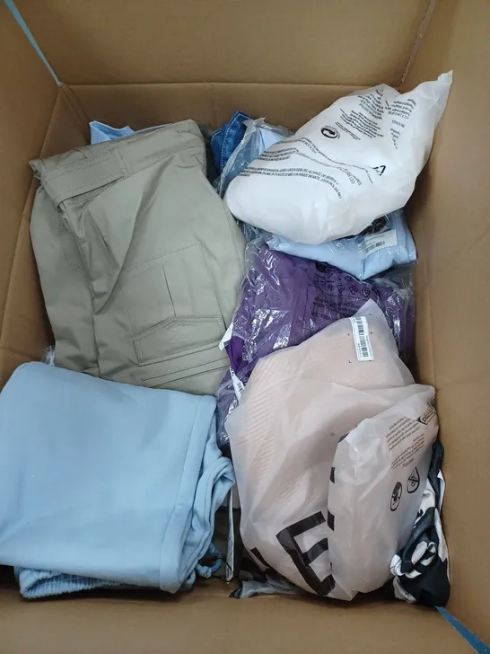 LARGE BOX OF ASSORTED CLOTHING ITEMS IN VARIOUS COLOURS AND SIZES INCLUDING TROUSERS , TOPS AND JUMPERS 