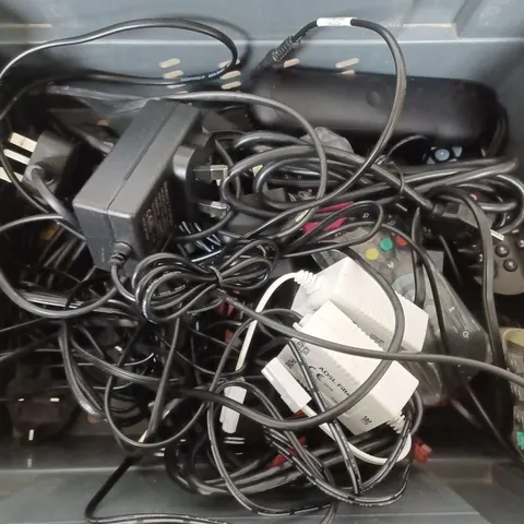 BOX OF ASSORTED CABLES AND TV REMOTES 