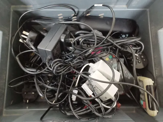 BOX OF ASSORTED CABLES AND TV REMOTES 