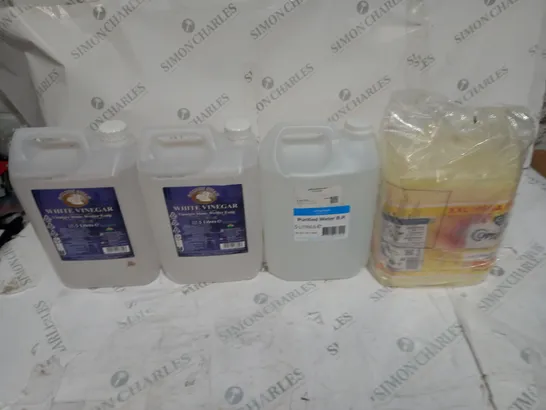 4 ASSORTED LIQUID ITEMS TO INCLUDE WHITE VINEGAR, PURIFIED WATER, FABRIC CONDITIONER 