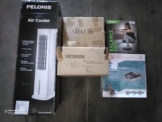 PALLET OF ASSORTED ITEMS INCLUDING PELONIS AIR COOLER, LED CEILING FAN LIGHT, BALANCE DISC, WALL CLOCK, ELECTRIC FOOT MASSAGER