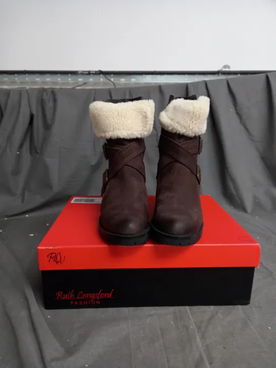 BOXED PAIR OF RUTH LANGSFORD CASUAL BOOTS IN OAK COLOUR - SIZE 4