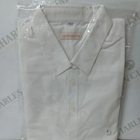SEALED SET OF 16 BRAND NEW CORPORATIVE STYLE WHITE WOMENS SHIRT & WOMENS LEX SHIRT WITH ROLL UP SLEEVES - LARGE