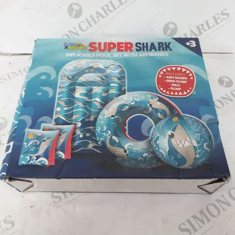 APPROXIMATELY 20 TOY MANIA SUPER SHARK INFLATABLE POOL SET WITH ARMBANDS