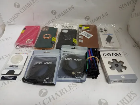 BOX OF APPROXIMATELY 25 ASSORTED MOBILE PHONE/TABLET ACCESSORIES TO INCLUDE PHONE CASES, STYLUS PENS, HEADPHONE SPLITTER ETC 