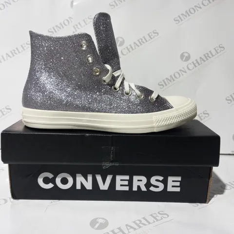 BOXED PAIR OF CONVERSE HI-TOP SHOES IN GUNMETAL W. GLITTER EFFECT UK SIZE 7