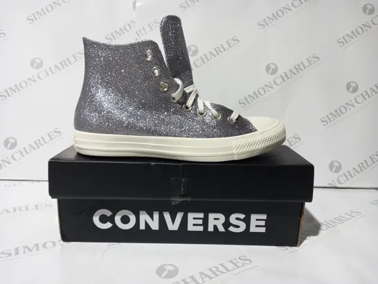 BOXED PAIR OF CONVERSE HI-TOP SHOES IN GUNMETAL W. GLITTER EFFECT UK SIZE 7