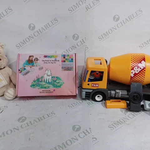 BOX OF APPROX 12 TOYS TO INCLUDE - Disney classic pooh - EFREY CLAY BEADS FOR BRACELET KIT - PLAY MOBILE CEMENT MIXER ECT