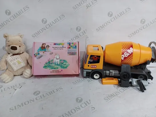 BOX OF APPROX 12 TOYS TO INCLUDE - Disney classic pooh - EFREY CLAY BEADS FOR BRACELET KIT - PLAY MOBILE CEMENT MIXER ECT