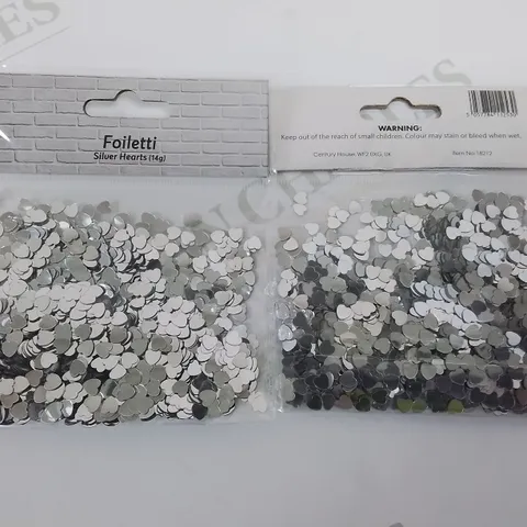 LOT OF 144 BRAND NEW 14G PACKS OF METALLIC 6MM HEART CONFETTI IN SILVER