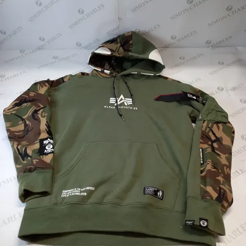 ALPHA INDUSTRIES A BATHING APE OVERHEAD HOODIE IN KHAKI CAMO SIZE MEDIUM