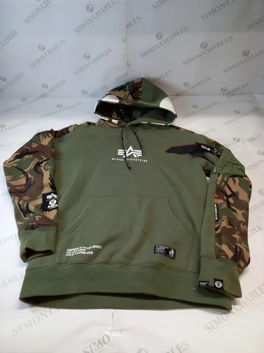 ALPHA INDUSTRIES A BATHING APE OVERHEAD HOODIE IN KHAKI CAMO SIZE MEDIUM