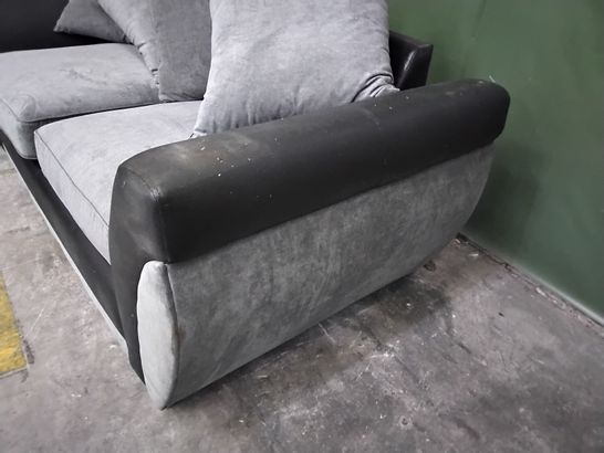 DESIGNER BLACK FAUX LEATHER & GREY FABRIC TWO SEATER FIXED SOFA WITH SCATTER BACK CUSHIONS 