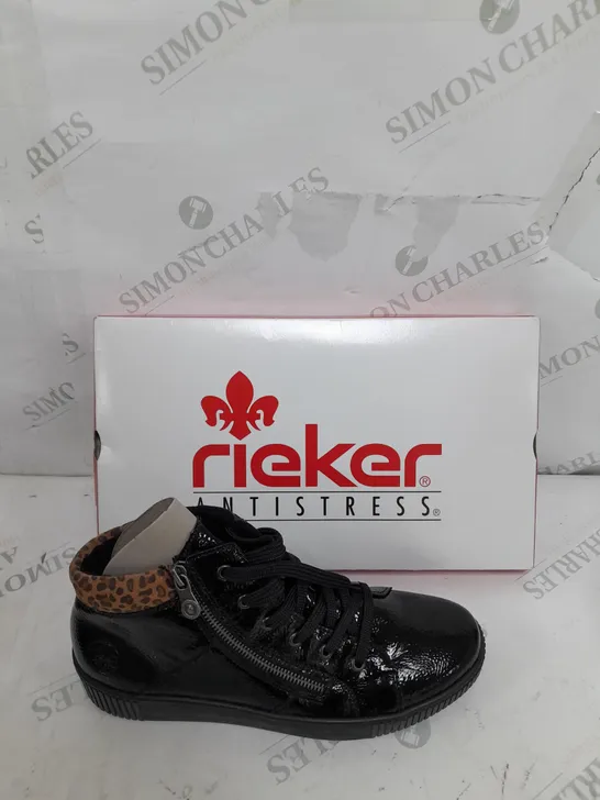 BOXED PAIR OF RIEKER HIGH TOP CUFFED TRAINERS IN BLACK - SIZE 7.5