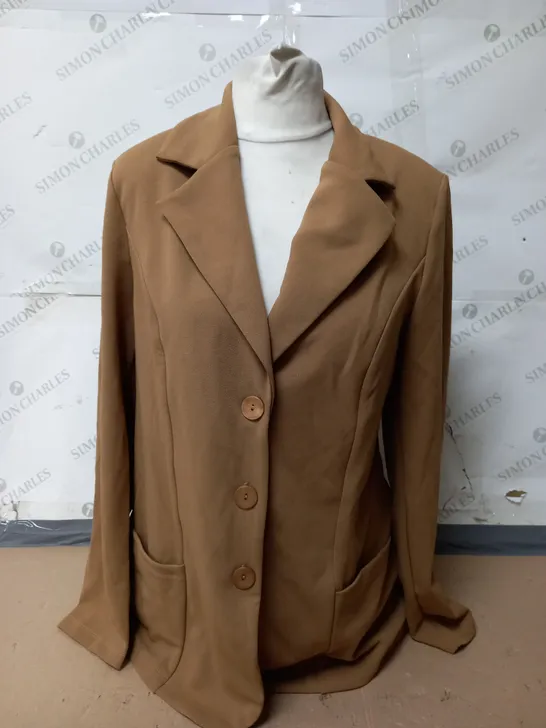 KIM & CO PONTE CREPE BUTTON FRONT POCKET BLAZER REGULAR IN DEEP CAMEL SIZE MEDIUM 