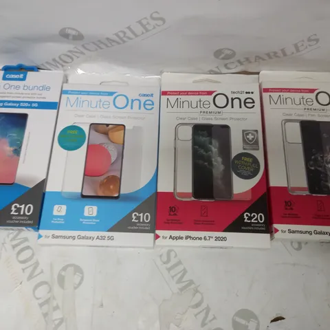 BOX OF 20 MINUTE ONE CLEAR CASE & SCREEN PROTECTOR KITS FOR ASSORTED SMARTPHONE MODELS TO INCLUDE GALAXY S20+, GALAXY A32, GALAXY S20 ULTRA ETC