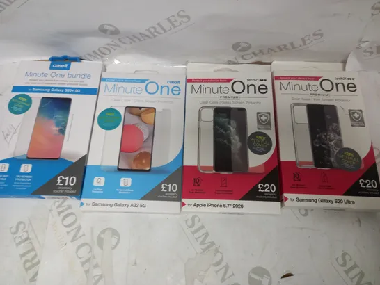 BOX OF 20 MINUTE ONE CLEAR CASE & SCREEN PROTECTOR KITS FOR ASSORTED SMARTPHONE MODELS TO INCLUDE GALAXY S20+, GALAXY A32, GALAXY S20 ULTRA ETC