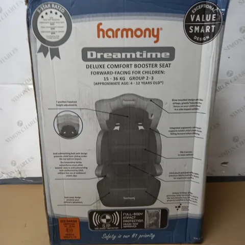 BOXED AS NEW HARMONY DREAMTIME DELUXE COMFORT BOOSTER SEAT IN SILVER TECH - 15-36KG