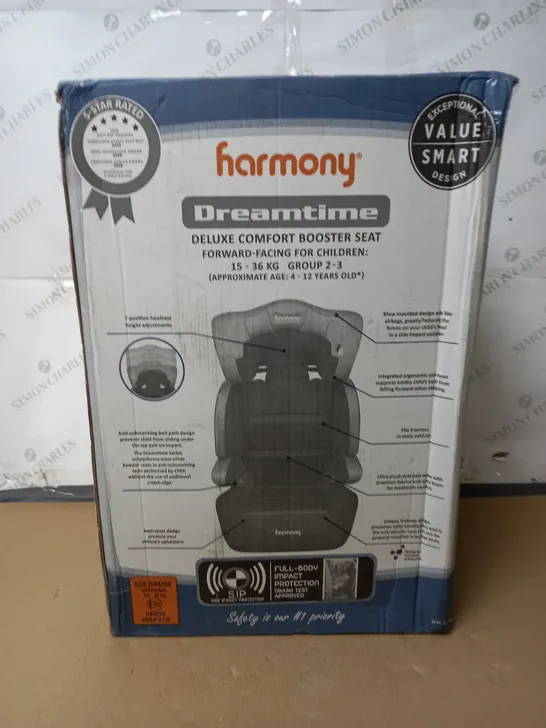 BOXED AS NEW HARMONY DREAMTIME DELUXE COMFORT BOOSTER SEAT IN SILVER TECH - 15-36KG