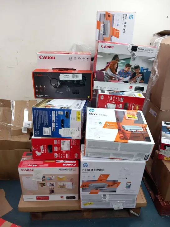 PALLET OF ASSORTED ELECTRICAL PRODUCTS TO INCLUDE; CANON PIXMA TS3350, HP ENVY 6020E AND BLACK WEB 4 IN 1 GAMING KIT